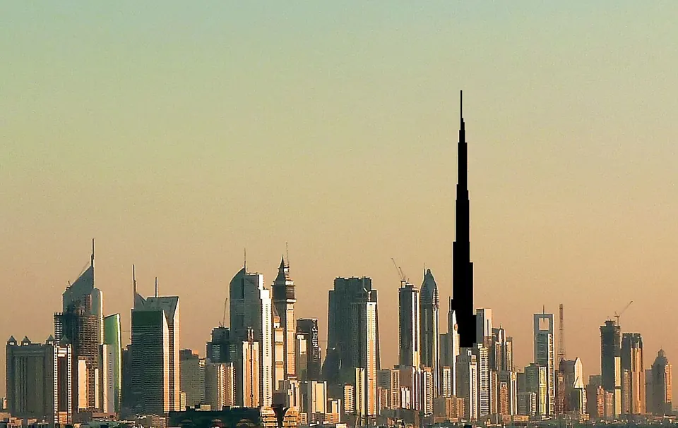 Dubai skyline with the Burj Khalifa at sunset