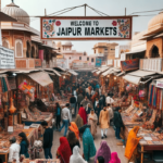 DALL·E-2023-10-21-17.56.48-Photo-of-a-bustling-market-in-Jaipur-with-colorful-stalls-selling-unique-products.-People-of-diverse-genders-and-descents-are-exploring-and-shopping.-