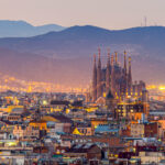 Aerial Panorama view of Barcelona city skyline and Sagrada familia at dusk time,Spain